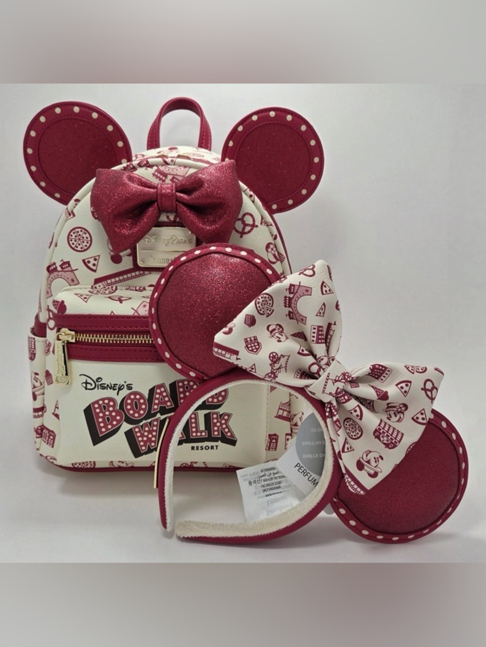 Disney BoardWalk Loungefly Backpack + Minnie Ears Bundle Scented Glow NWOT